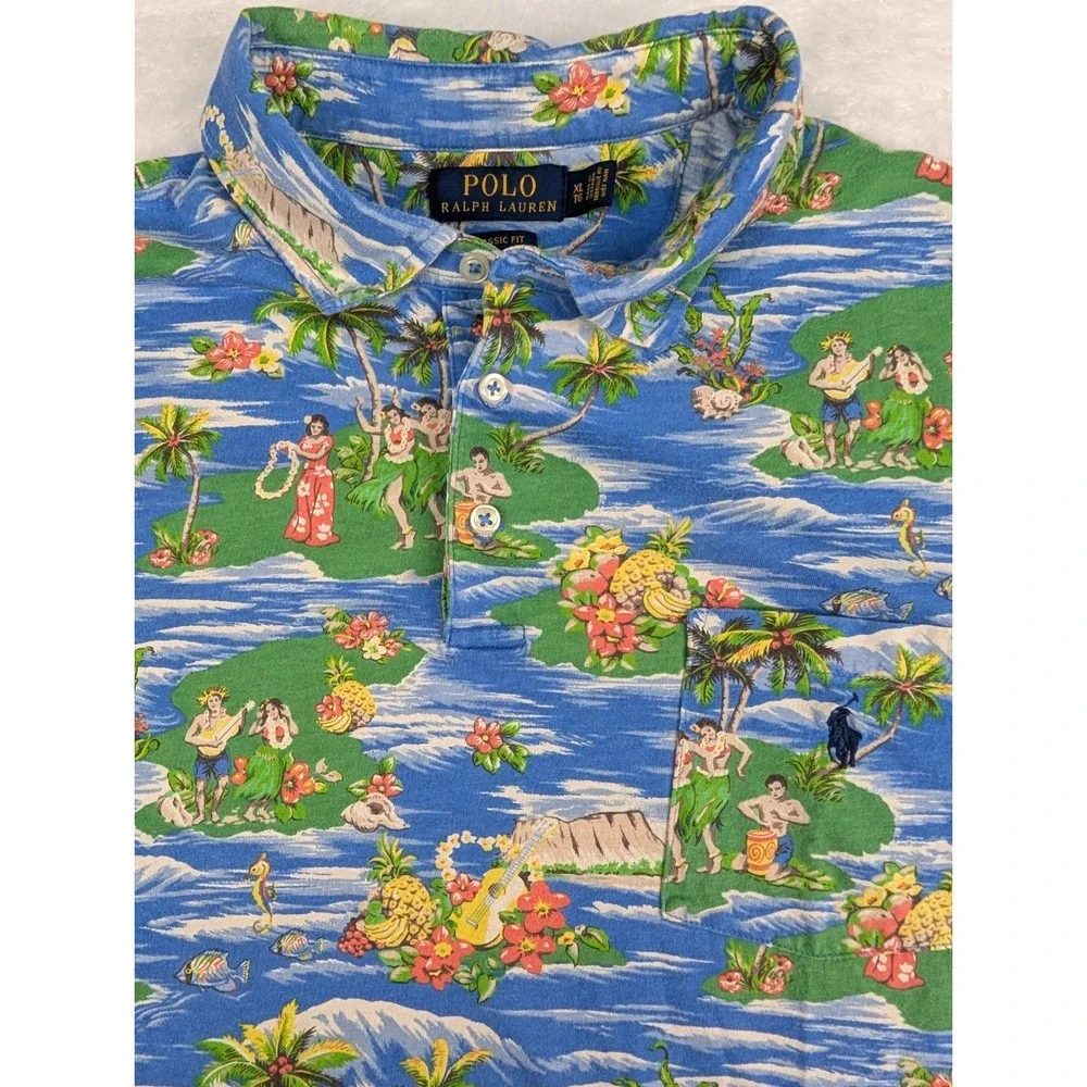 Ralph Lauren Polo Shirt Men's XL Blue Orange Hula Girl Hawaiian Island‎ Tropic